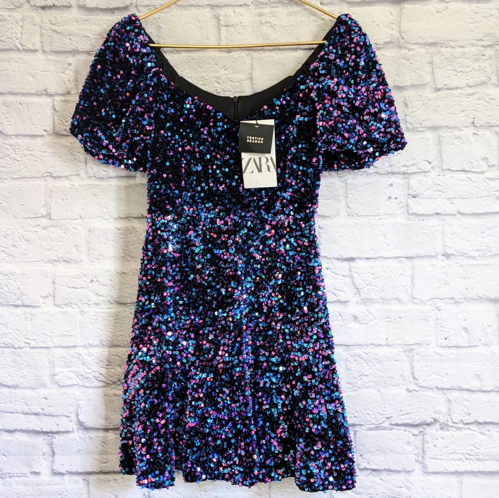 Zara Purple Blue Sequin Puff Sleeve Cocktail Dress - Picture 5 of 8